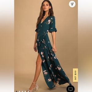 September sunsets dark teal floral print wrap dress. Lulus